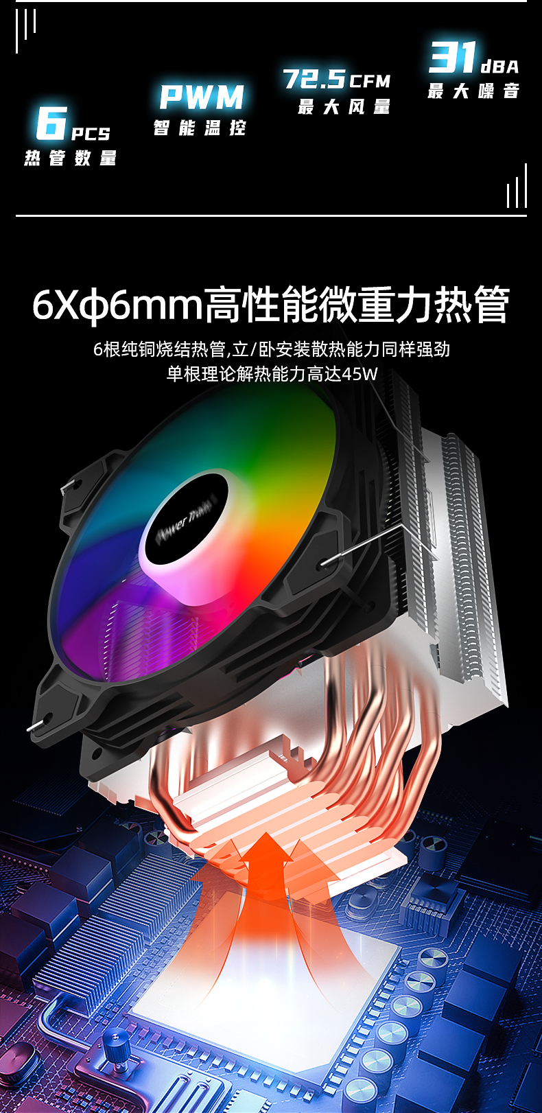 PowerTrain动力火车 CPU风冷/虎鲸DL-600A 6热管 PWM温控ARGB风扇 intel/AMD双平台-怡然商城